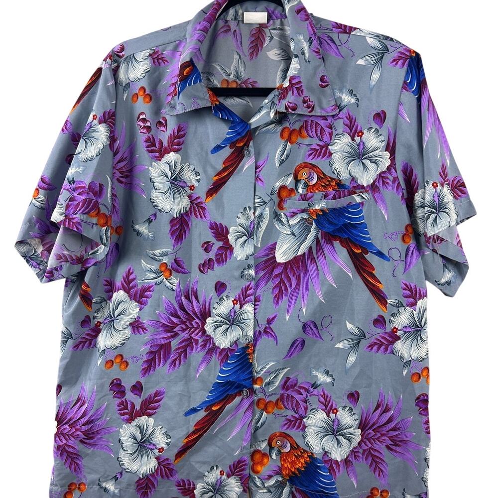 King‎ Kameha Hawaiian Shirt Gray Parrot Floral Print Short Sleeve Men’s XL